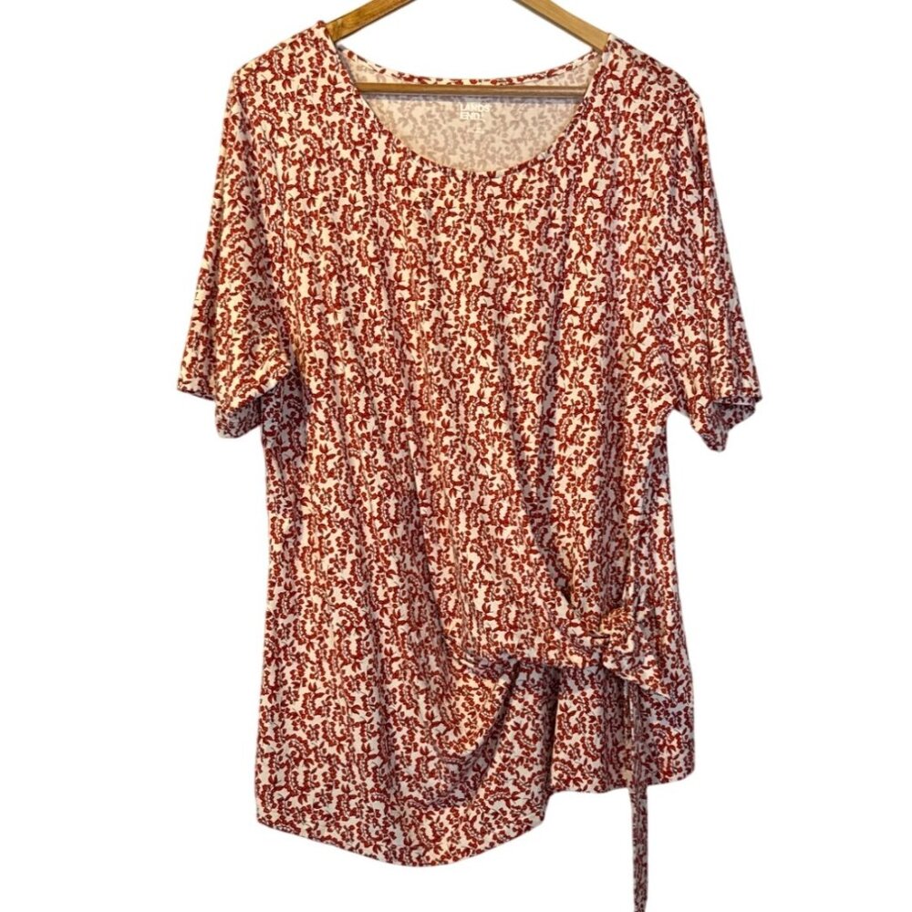 Lands End Womens Plus Size Red Floral Print Top 2X Artsy Stretch Office